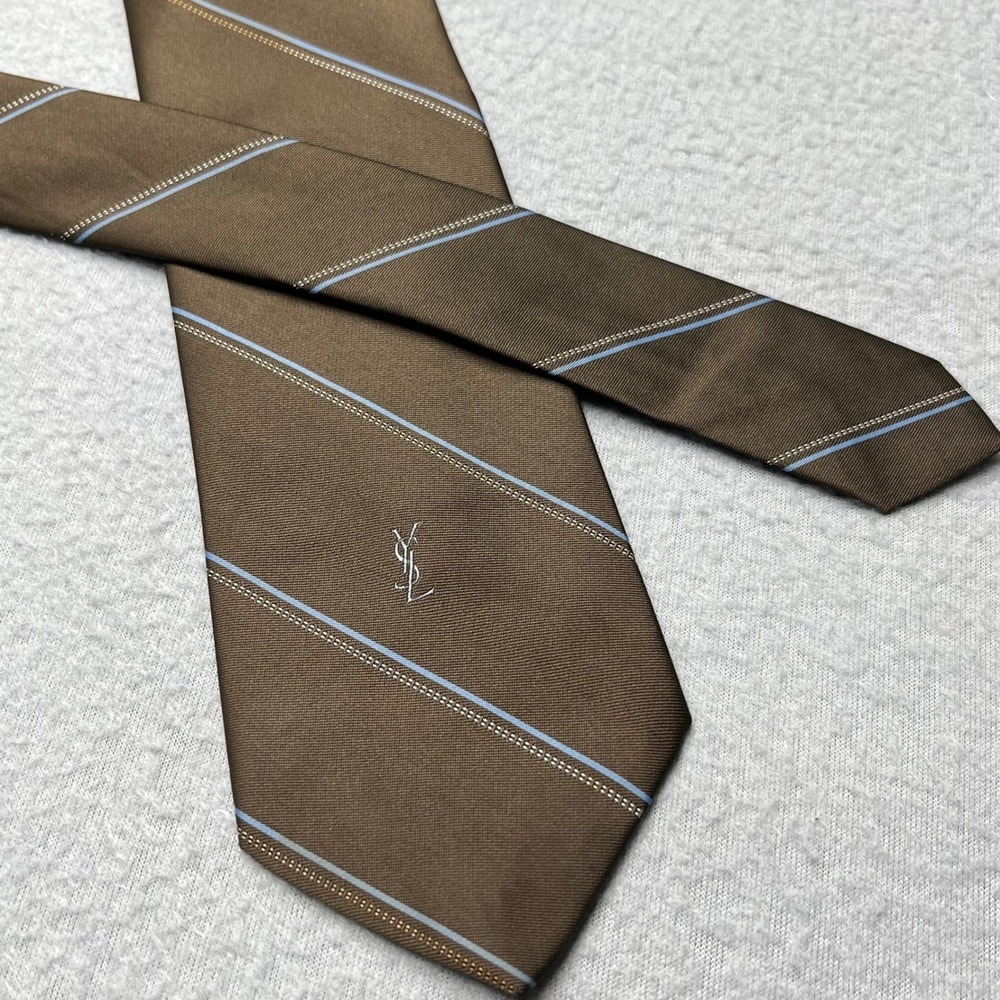 Yves Saint Laurent Mens Silk Tie Brown Blue Striped YSL Logo‎ Embroidered France